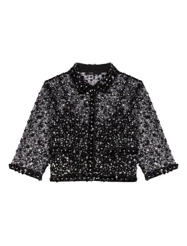 Floral Rhinestone Polo Sheer Tulle Top