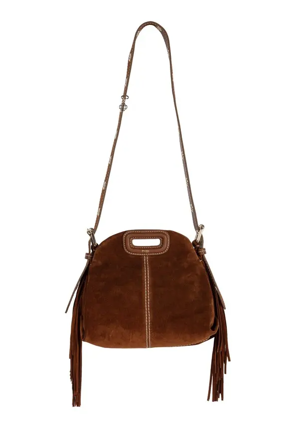 Topstitched Suede Leather Fringed Shoulder Bag