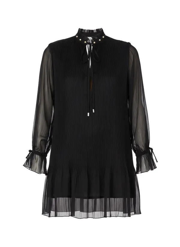 Pleated Short Dress with Jewel Embellishments