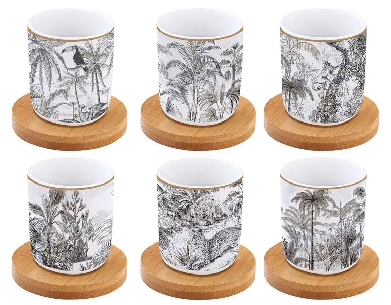 Set 6 Coffee Cups 110 Ml In Porc. & Bamboo Saucers R0127#Retr Image