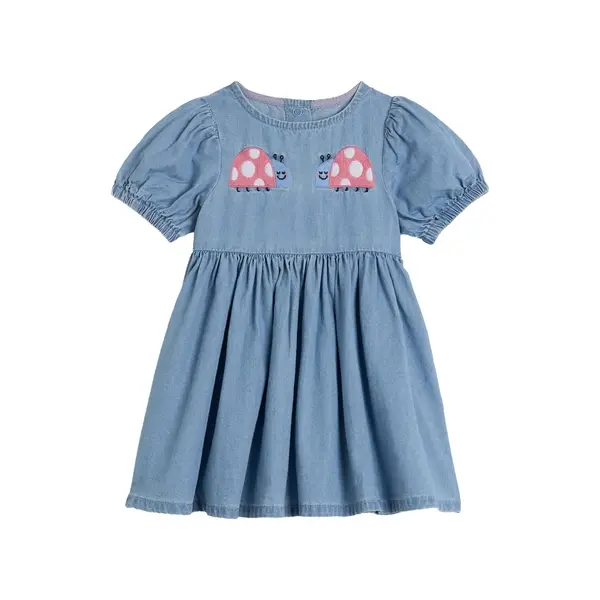 Chambray Ladybug Patch Puff Sleeve Dress