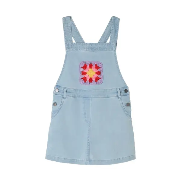 Denim Pinafore Salopette with Crochet Flower Patch 