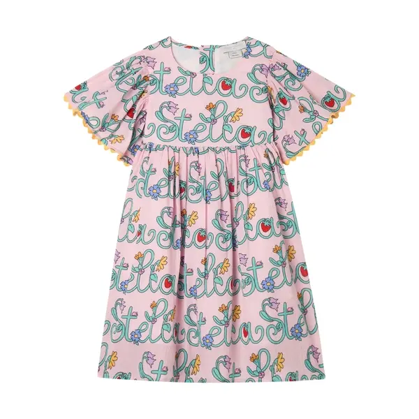 Flutter Sleeve Dress with Logo and Strawberry Print