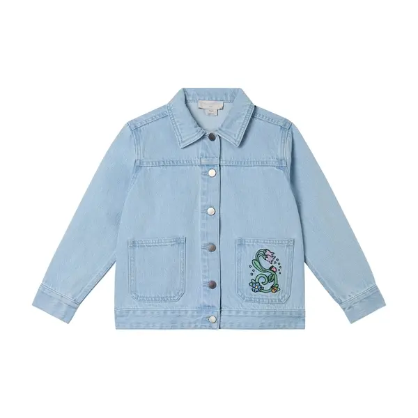 Kids Girls Light Wash Denim Jacket with Floral "S" Embroidery