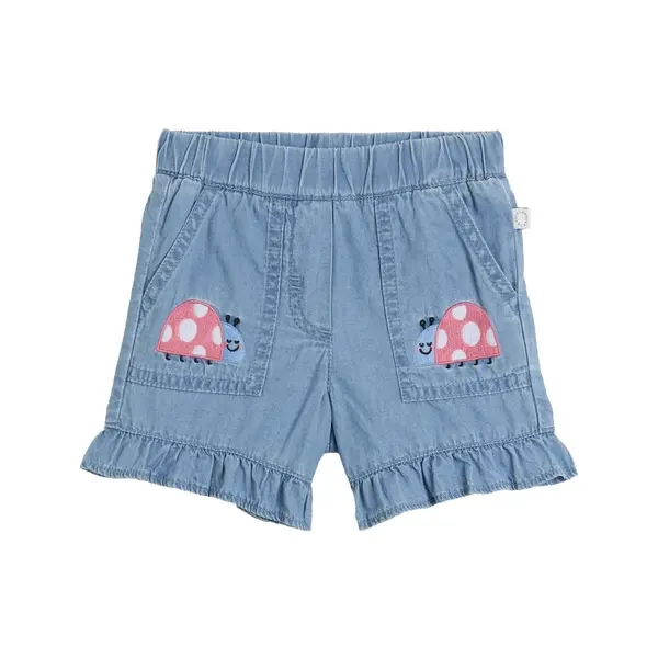 Light Wash Ruffle Hem Shorts with Ladybug Appliqué and Elastic Waist