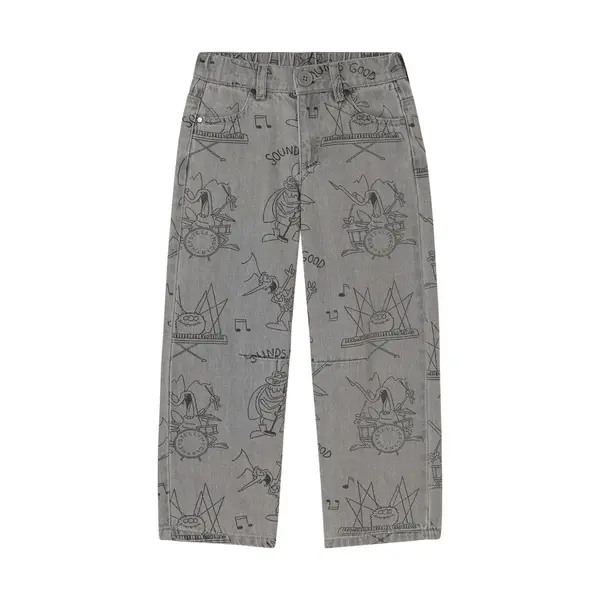 Denim Trousers with Musical Monster Character Graphics