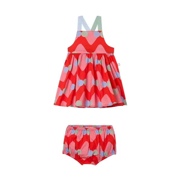 Geometric Sun Dress with Red Patterned Pinafore with Diaper Cover