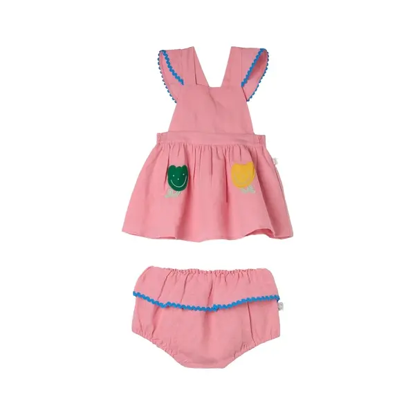 Ruffle Pinafore Dress with Smiley Flower Detail & Matching Bloomers