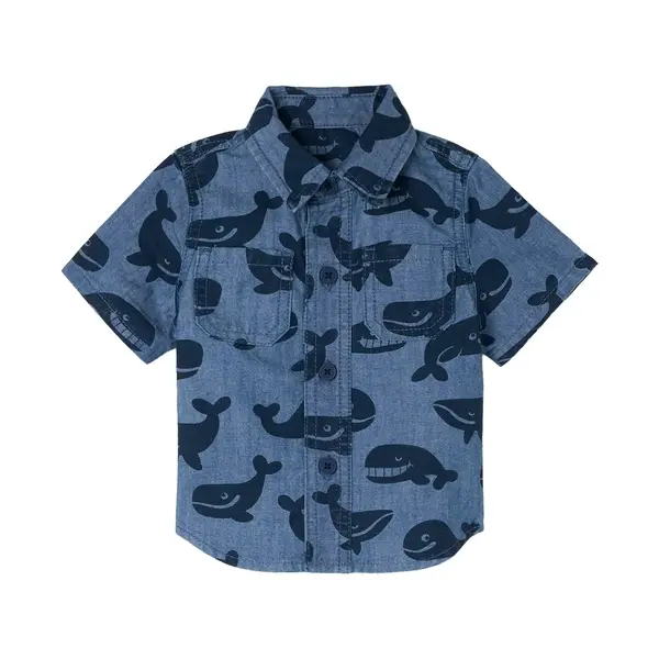 Chambray Short Sleeve Button-Down with All-Over Whale Motif