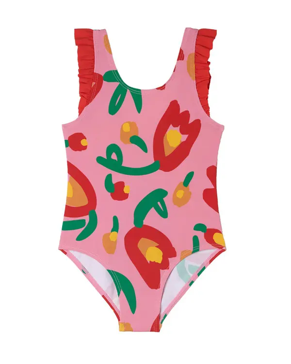 Abstract Flower One-Piece Swimsuit with Red Ruffle Trim