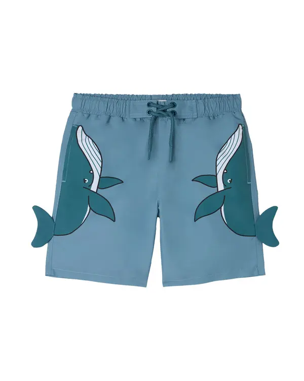 Whale Print Swim Shorts with 3D Fins