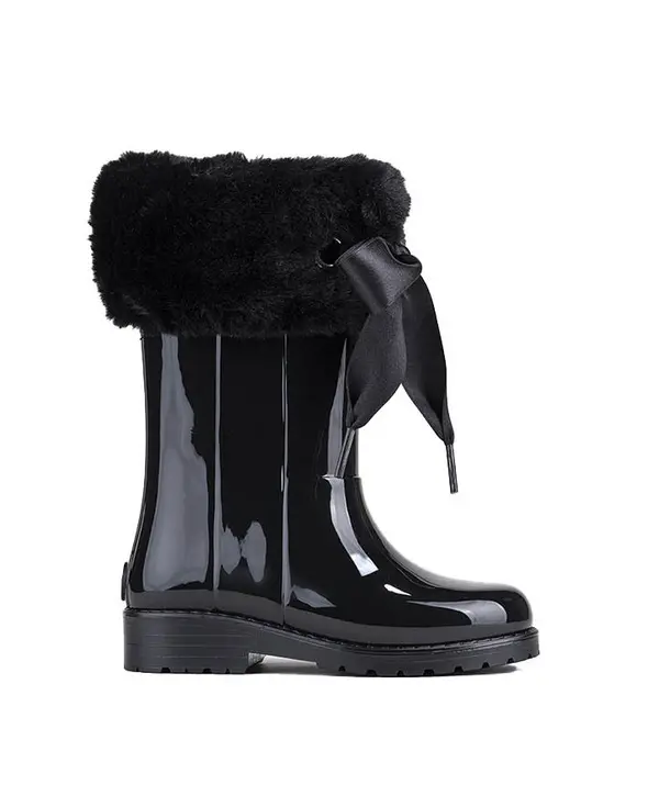 Faux-Fur Trimmed Ribbon Rain Boots