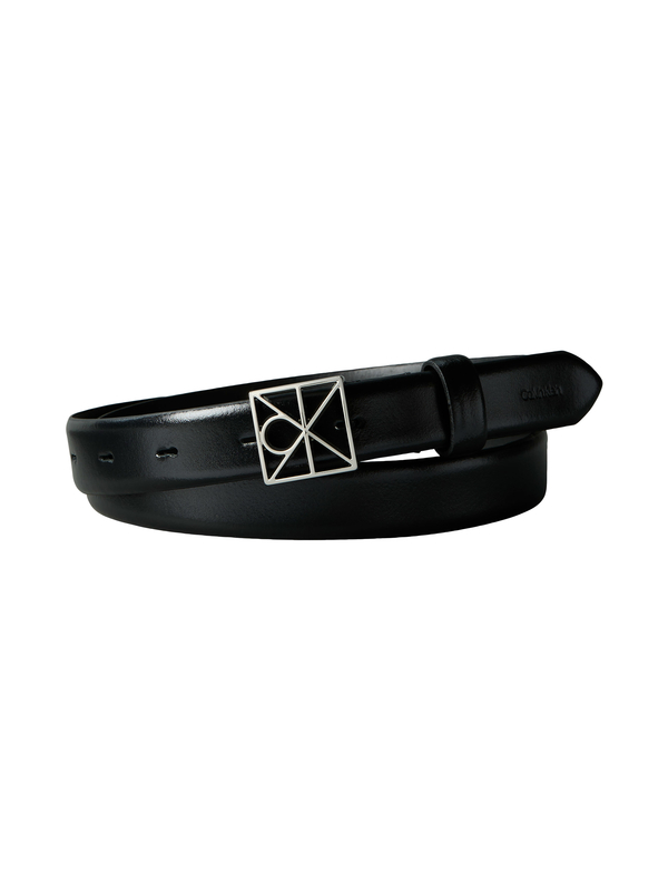 Smooth Black Leather Belt with Geometric Monogram Buckle