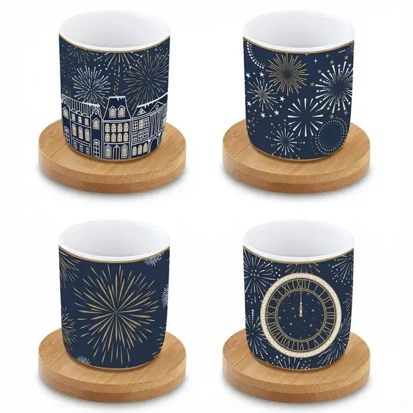 Set 4 Porc.Coffee Cups 110 Ml & Bamboo Saucers In Gift Box Midnight