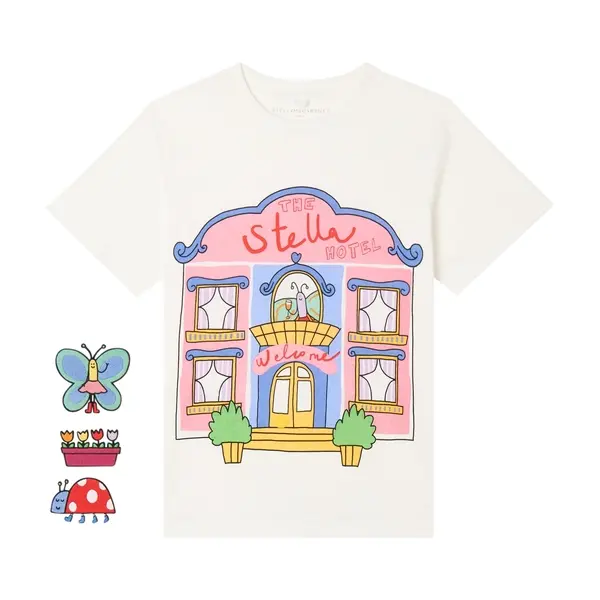 Kids Girls Short Sleeve T-Shirt with Hotel & Butterfly Prints