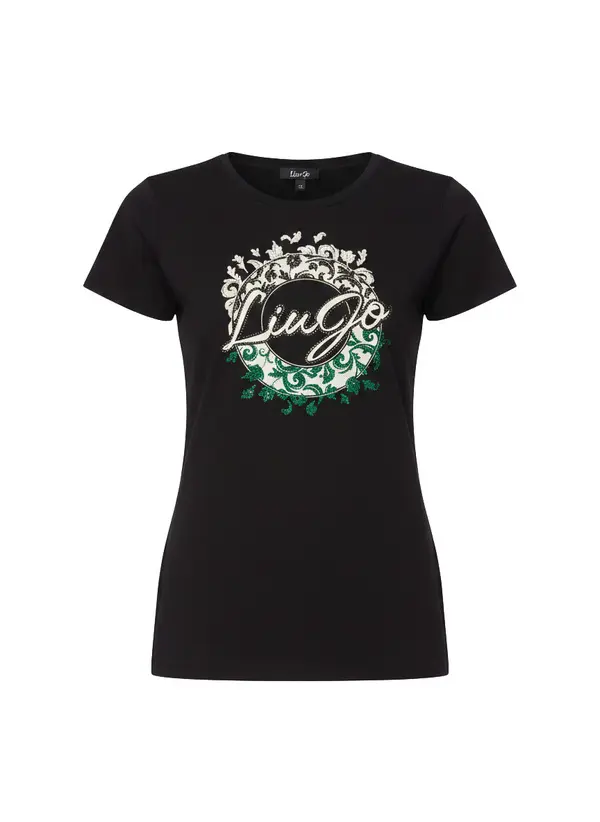 Printed Cotton T-shirt with Rhinestones
