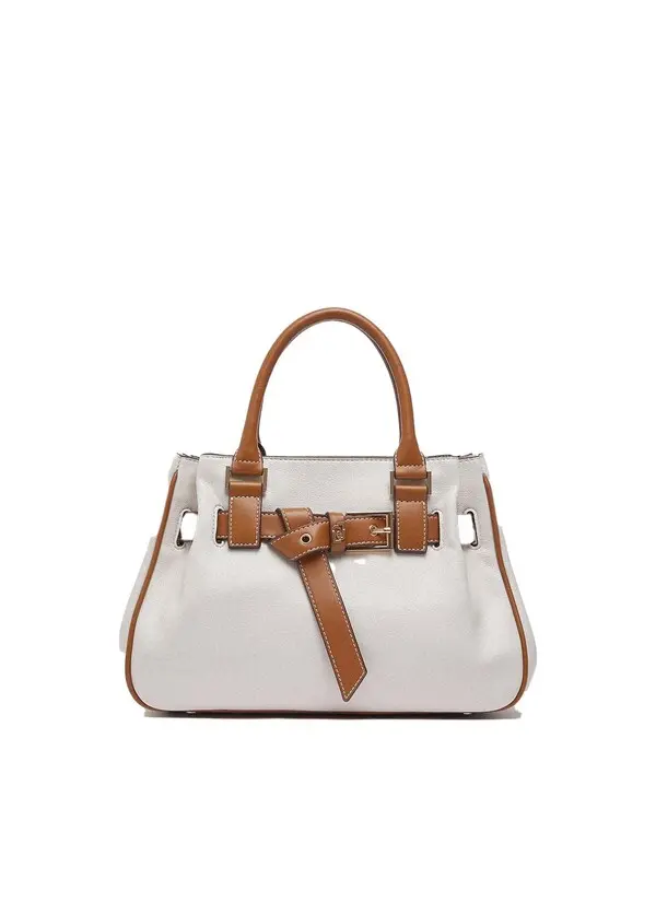 Grained Faux-Leather Tote Bag with Decorative Front Belt