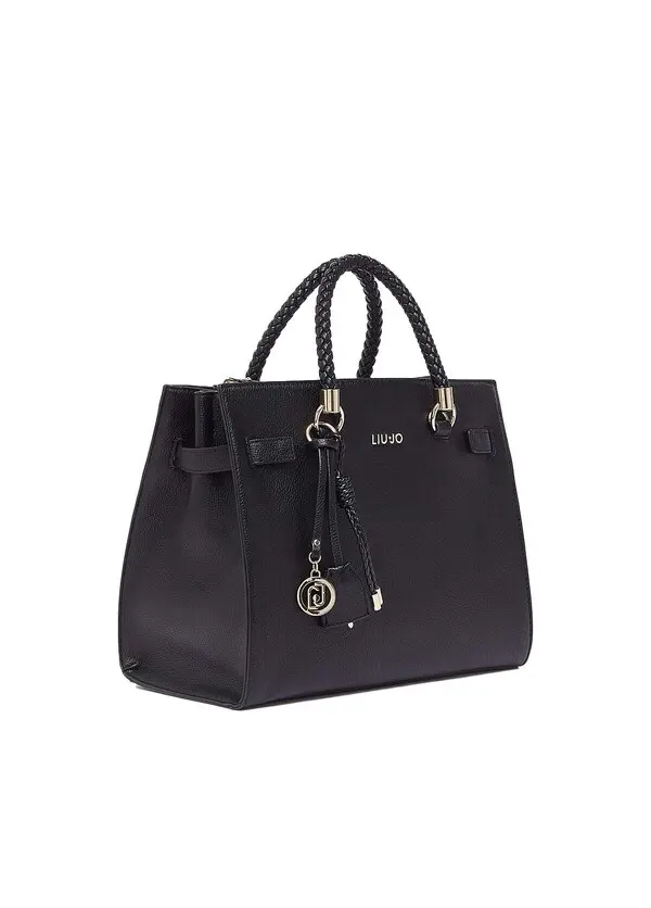 Pebbled Leather Tote Bag with Braided Top Handles and Gold Logo Charm