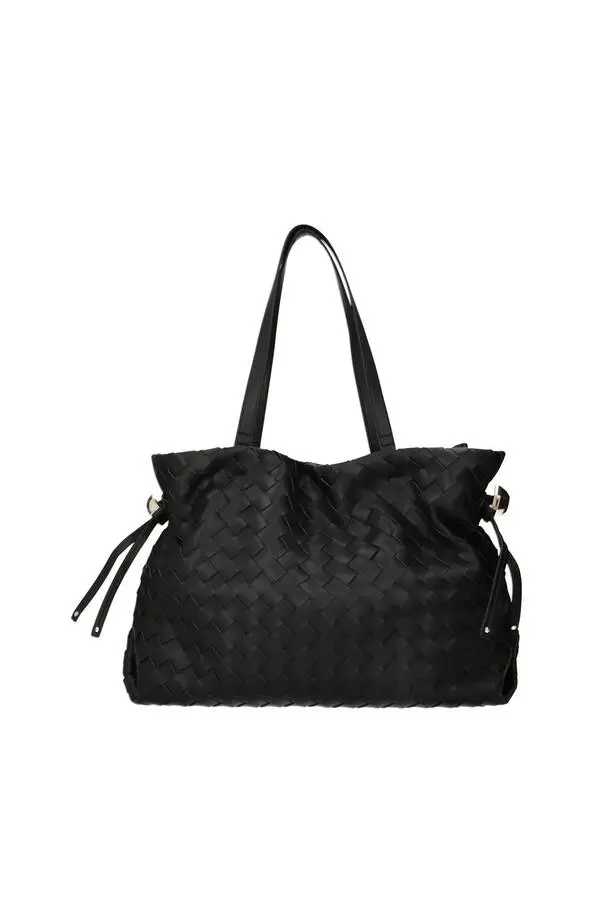 Woven Leather Tote Bag with Drawstring Detail