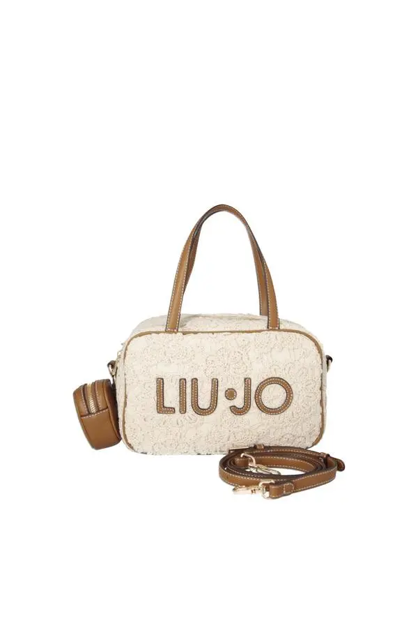 Denim-Effect Boston Bag with Contrast Logo and Shoulder Strap