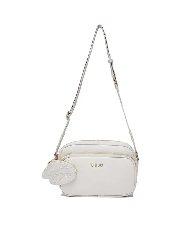 Leather Double Zip Crossbody Bag with Webbed Logo Strap and Butterfly Charm