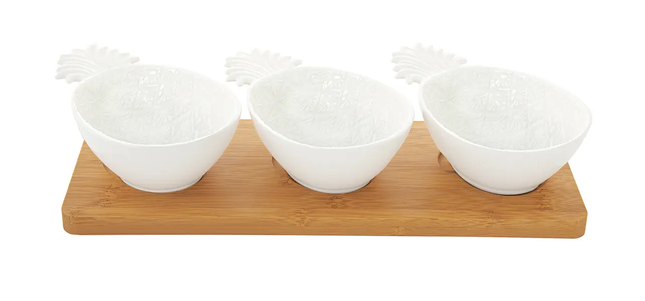 Appetizer Set - 3 Porcelain Pineapple Bowls on Bamboo Tray 29x11
