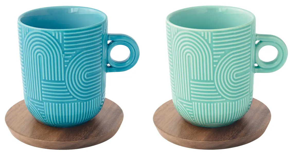 Set of 2 - Porcelain Mugs with Acacia Saucers 350ml Green & Blue