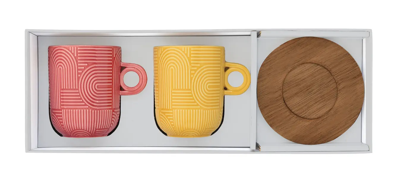 Set of 2 - Porcelain Mugs with Acacia Saucers 350ml Pink & Yellow