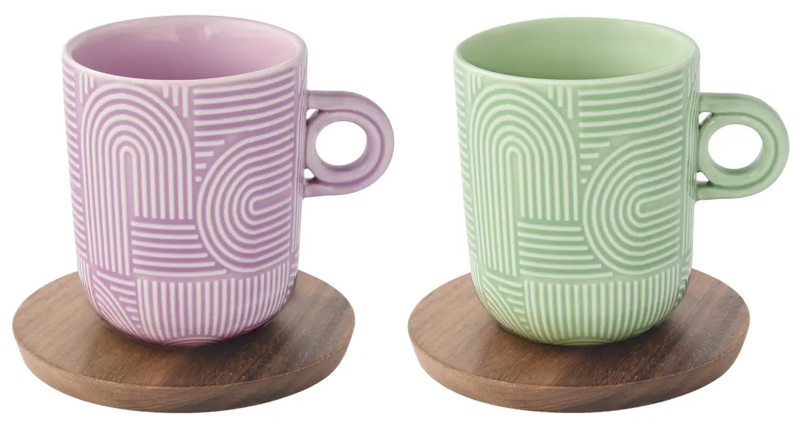 Set of 2 - Porcelain Mugs with Acacia Saucers 350ml Purple & Light green