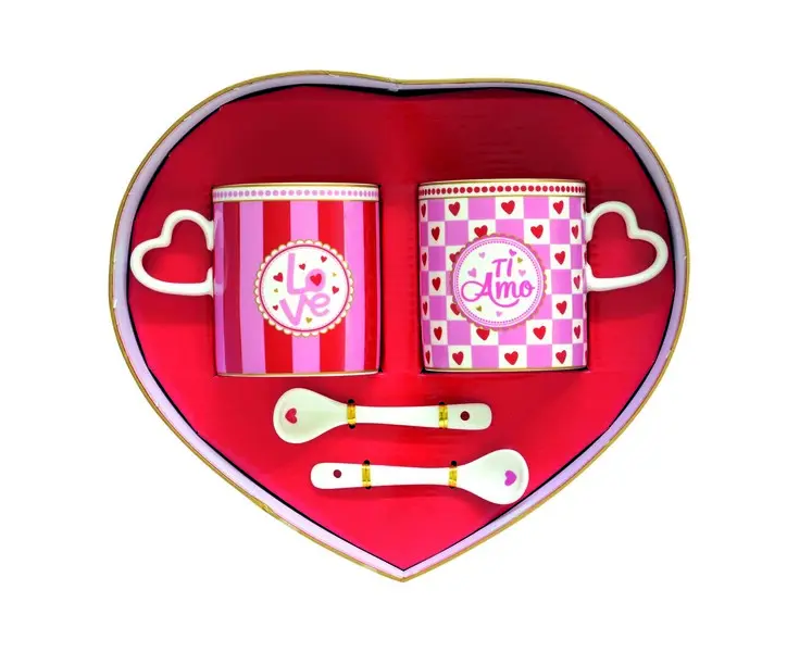 Set of 2 Porcelain Mugs with Heart Shaped Handles & Spoon "Love Ti amo"