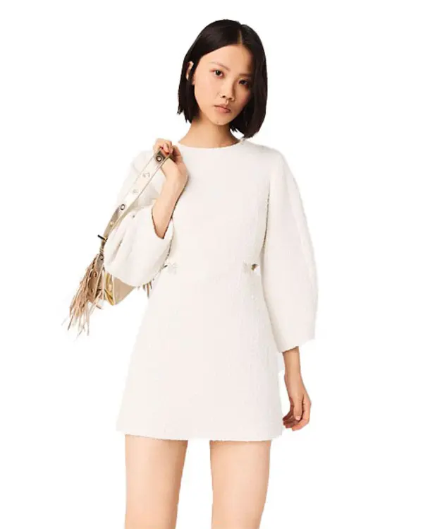 Short Balloon-Sleeve Tweed Dress