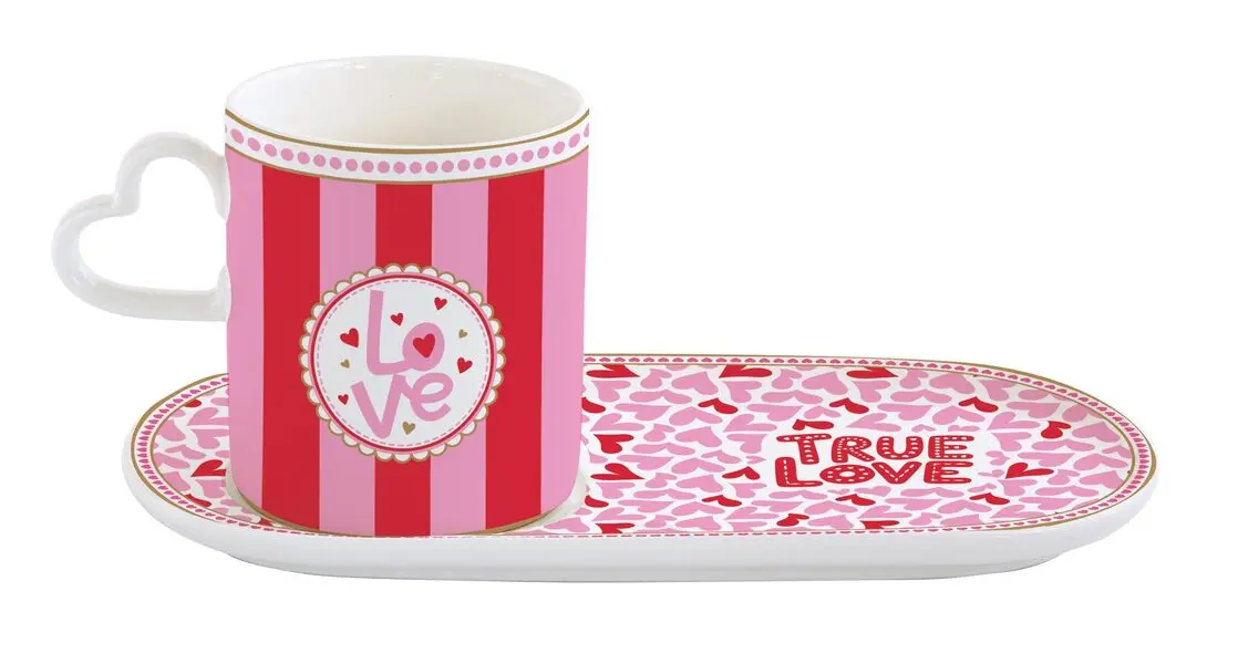 Heart Shaped Handles Porcelain Mug & Saucer 320ml 23x12 cm