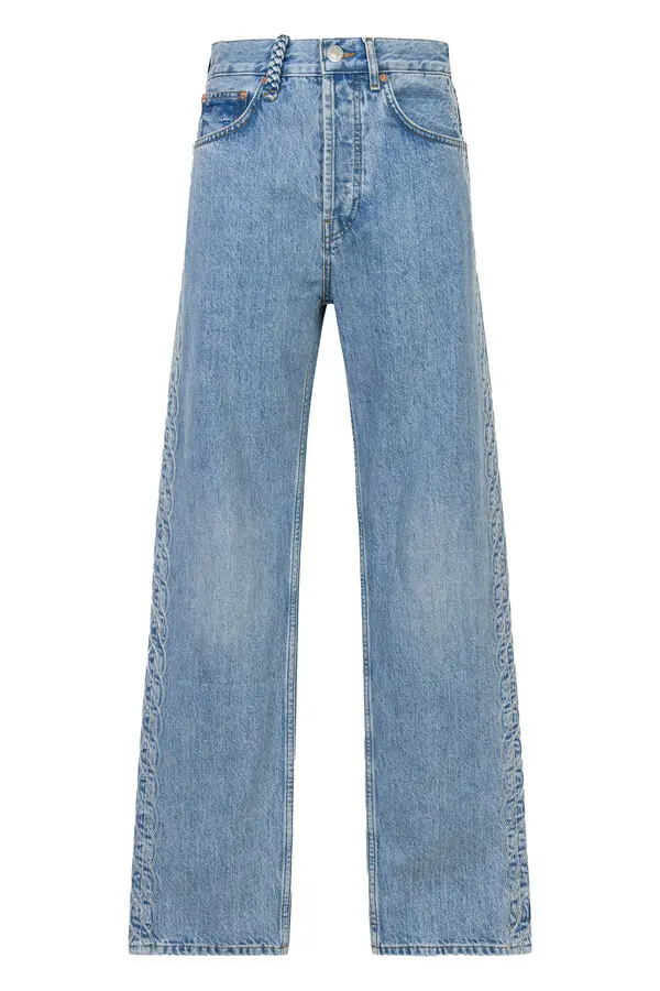 Mid Rise Straight Cut Jeans with Embroidery Braid