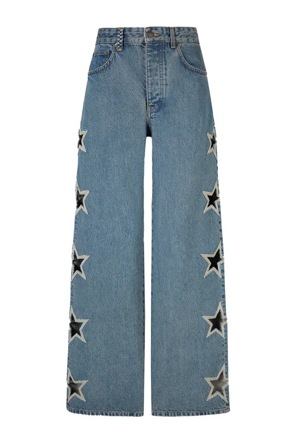 Wide Leg Jeans with Stars Legs Cutouts