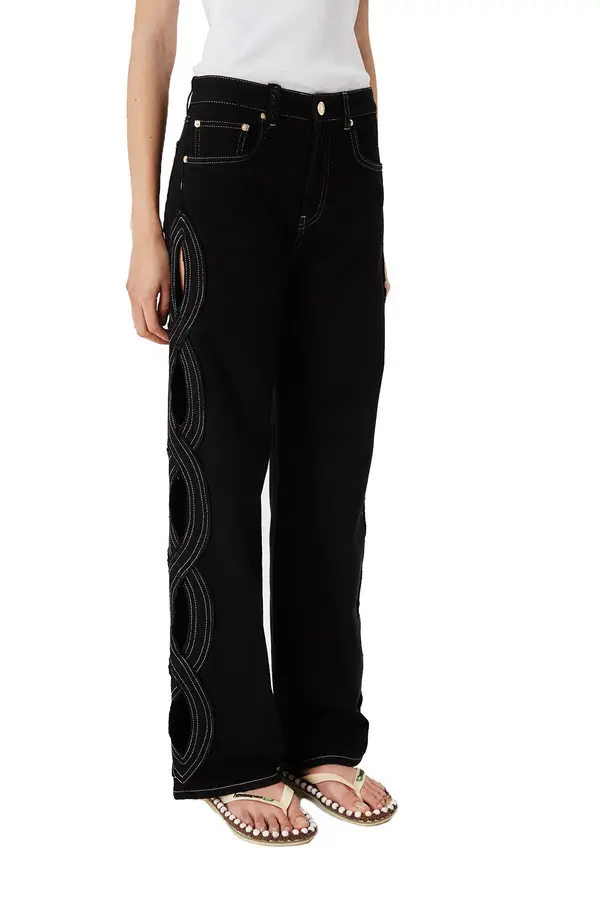 Wide Leg Jeans with Designed Leg Cutouts