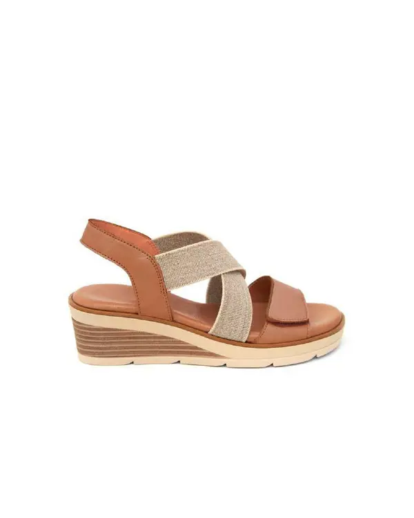 Tan & Metallic Elastic Cross-Strap Wedge Sandals
