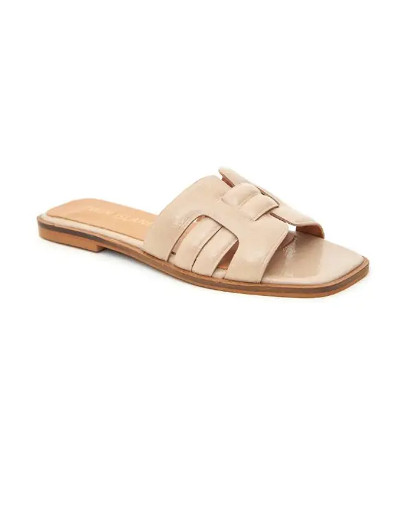 Patent-Look Cut-Out Flat Slides with Cushioned Band and Square Toe