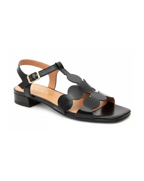 T-Strap Scalloped Leather Sandals with Low Block Heel