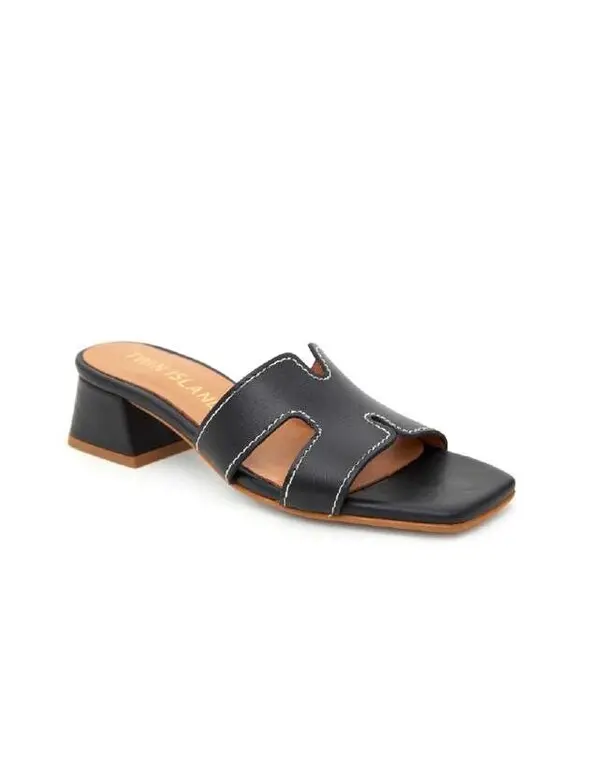 Leather H-Band Slide Mule with Contrast Stitching and Block Heel