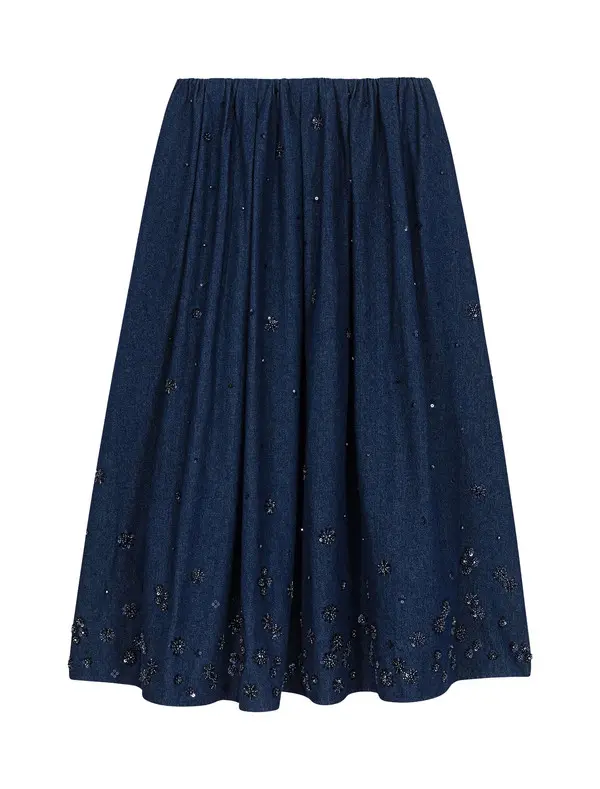 Embroidered Denim Midi Skirt