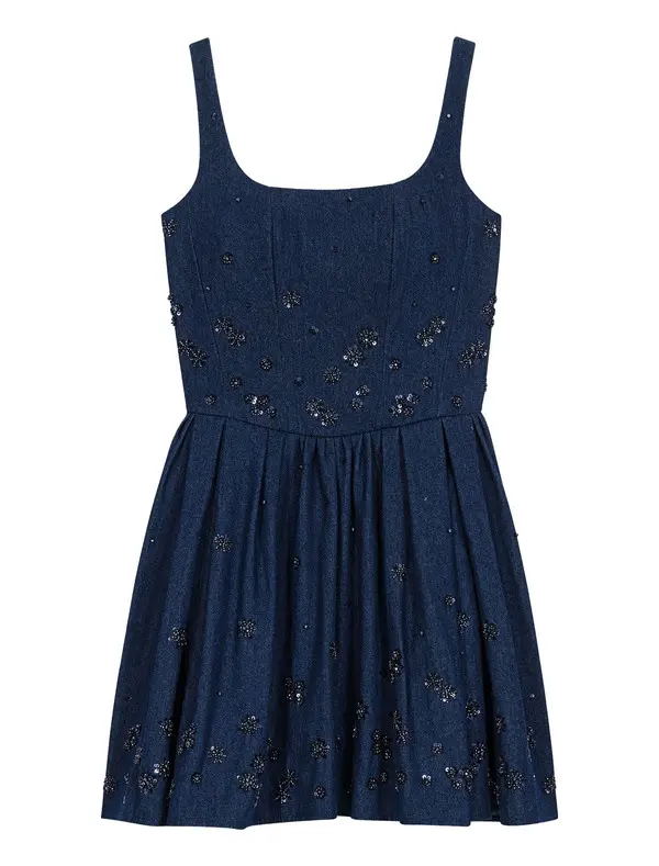 Flared Embroidered Denim Dress Image
