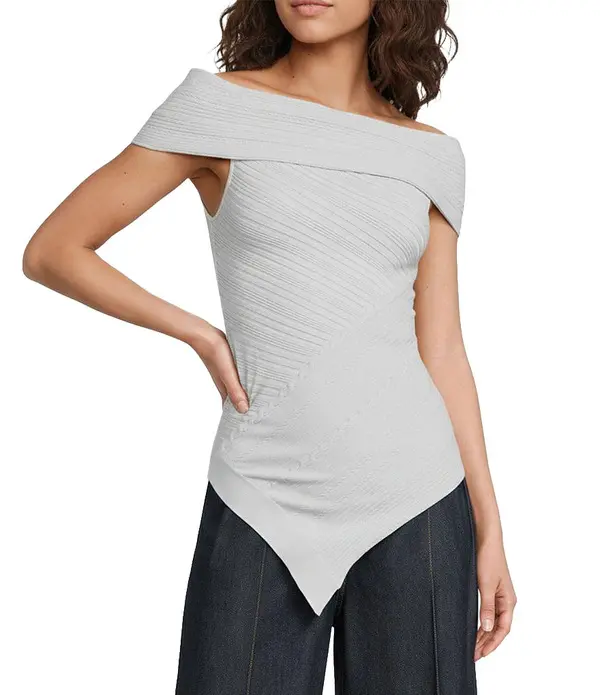 Textured Knit Bardot Collar Sleeveless Asymmetrical Hem Top