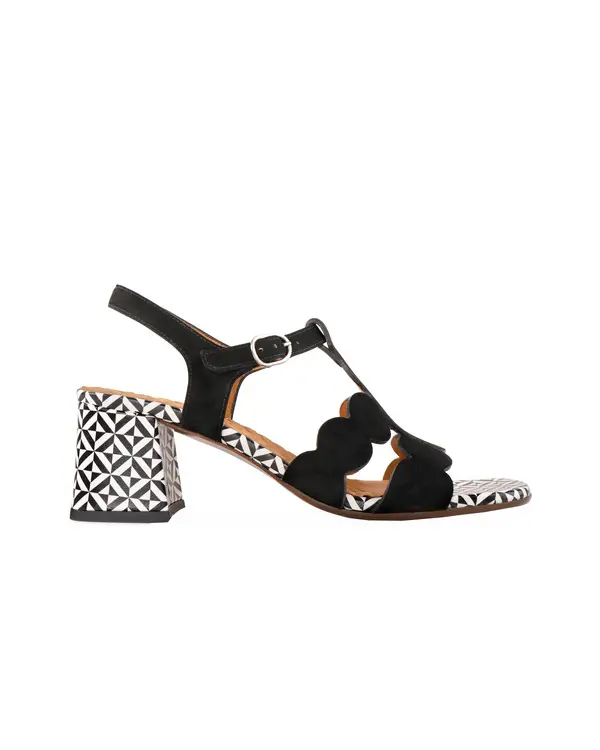 Geometric Print Block Heel with Scalloped Details