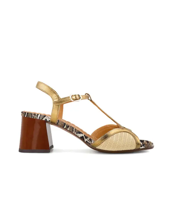 Gold Metallic & Snake Print T-Strap Block Heel