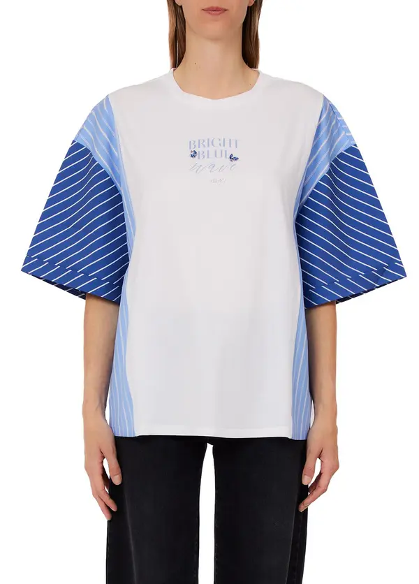 Oversized T-shirt with Striped Poplin Sleeves