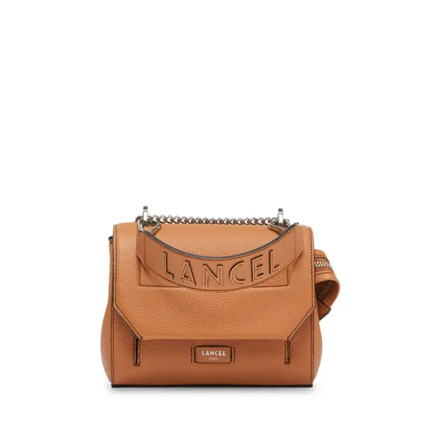 Small Grained Leather Crossbody Bag with Wide Logo Handle -  Camel Image