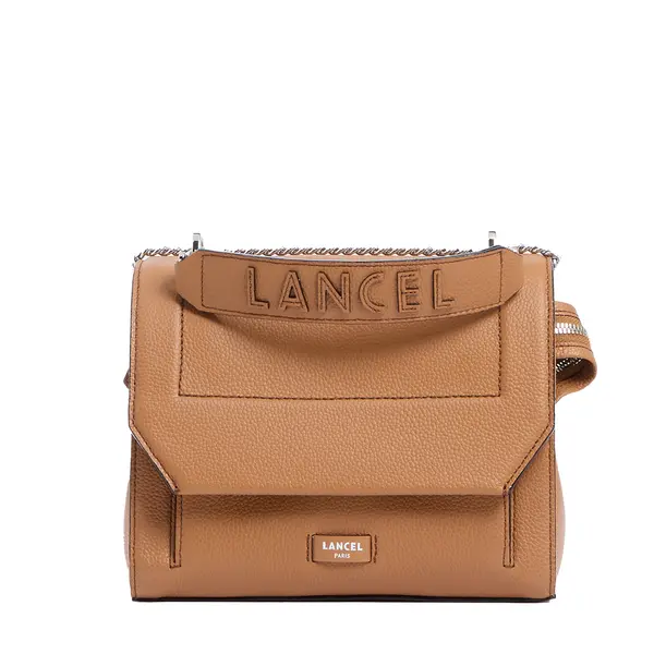 Medium Grained Leather Crossbody Bag with Wide Logo Handle -  Camel