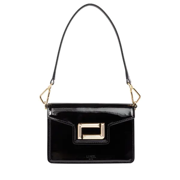 Black Patent Leather Flap Shoulder Bag with Chain