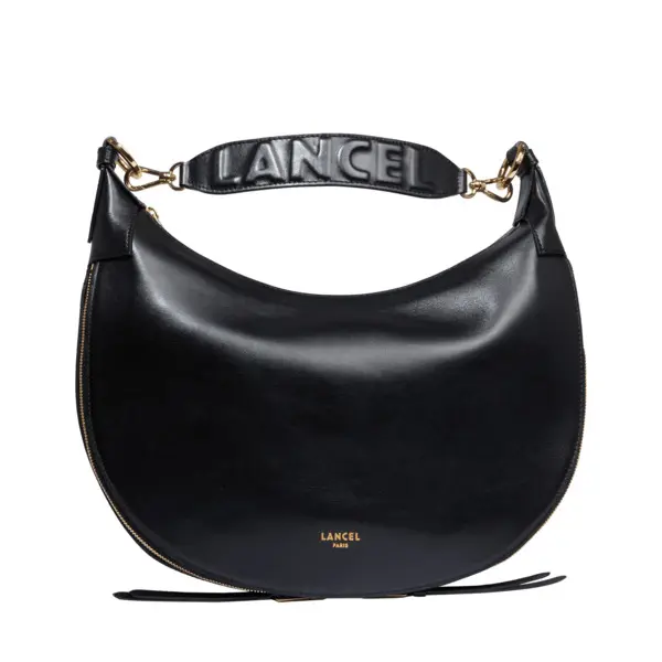 Black Medium Smooth Leather Hobo Shoulder Bag with Logo Strap