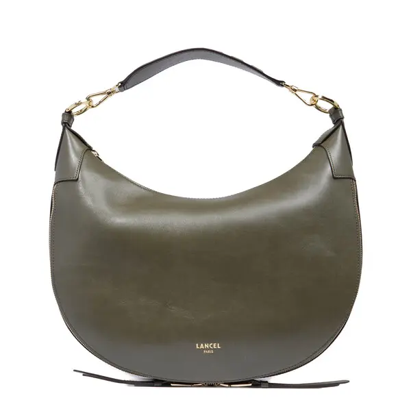 Dark Khaki Medium Smooth Leather Hobo Shoulder Bag with Logo Strap